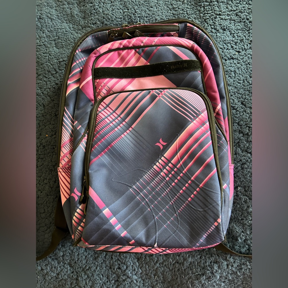 Pink and Navy Blue Plaid Hurley Backpack Large
